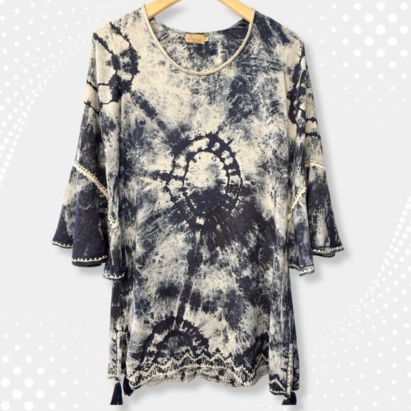 💙 Boho Tie-Dye Tunic Dress Cover-Up w/ Crochet Trim & Tassels | Navy White | XS - Picture 1 of 7